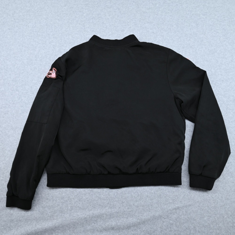Joe Boxer Womens Black Bomber Jacket Patches Smiley Coffee Bossy Full Zip L - Picture 11 of 14